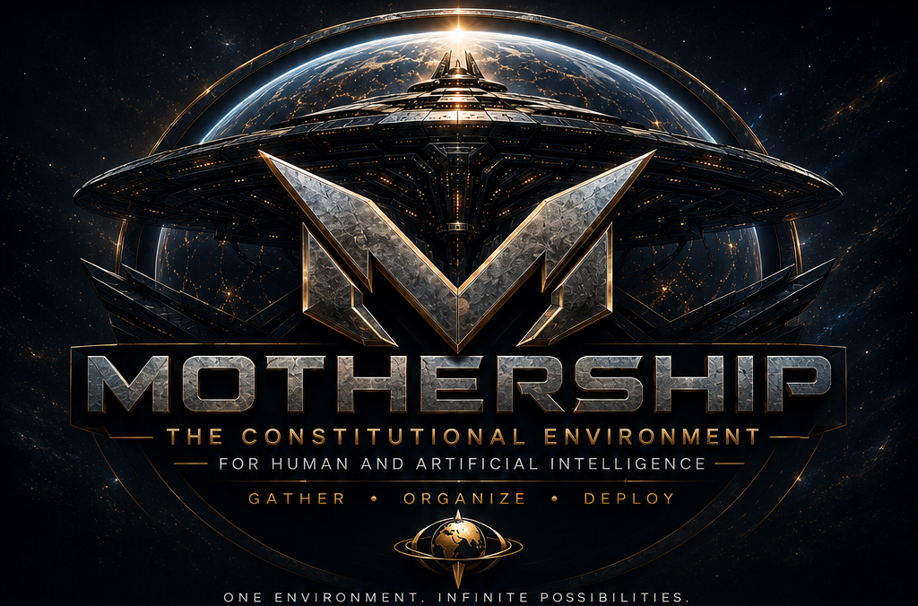 Mothership master identity: a cinematic spacecraft forming a metallic M above the MOTHERSHIP wordmark, with the lines The Constitutional Environment, For Human and Artificial Intelligence, and Gather · Organize · Deploy.